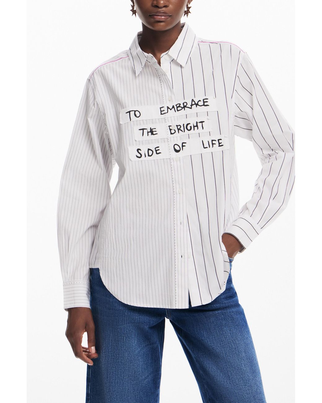 Desigual White Striped Shirt With Phrase, Cotton