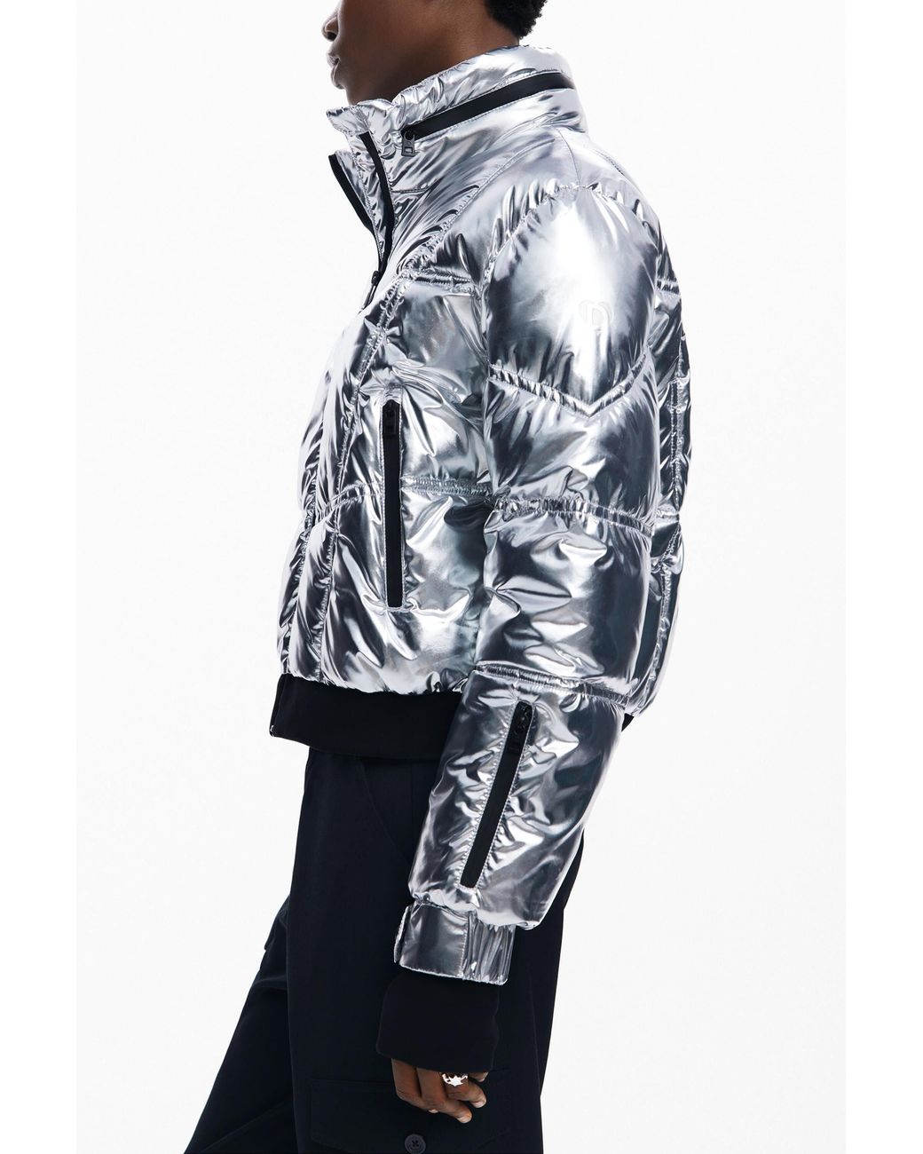 Desigual Blue Metallic Coat With Hood, Polyester