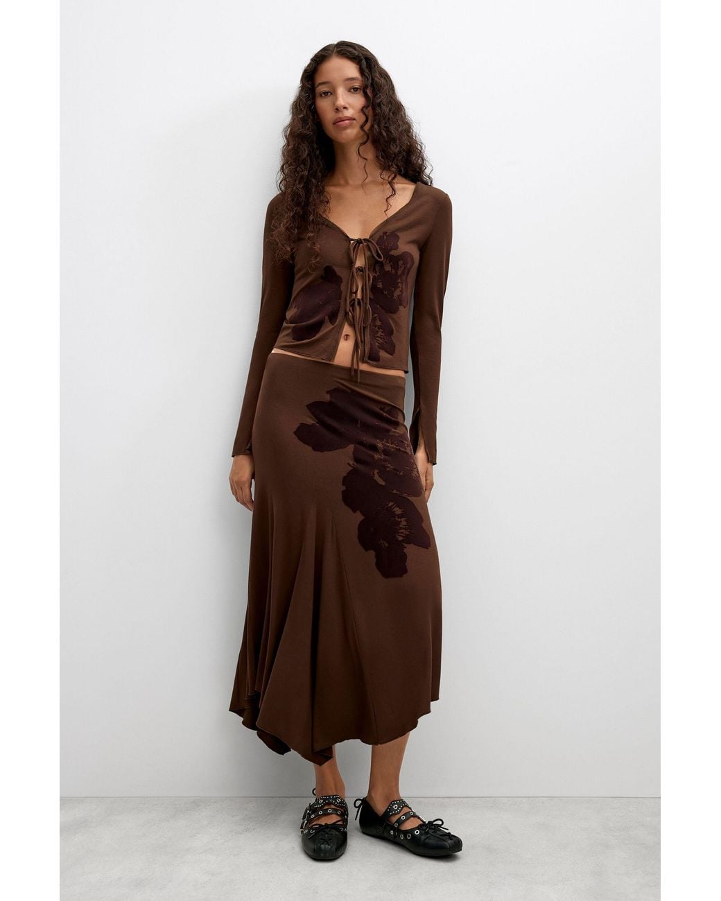 Desigual Brown Flocked Midi Skirt, Viscose