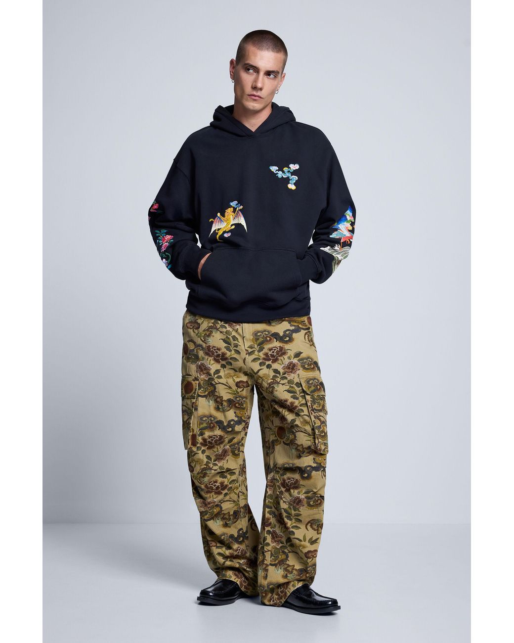 Desigual Blue Embroidered Hoodie, Cotton for men