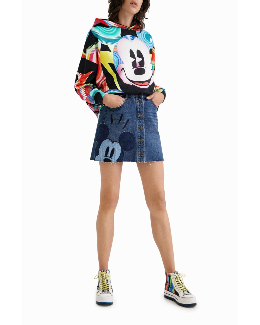Desigual Blue Mickey Mouse Patchwork Miniskirt, Cotton