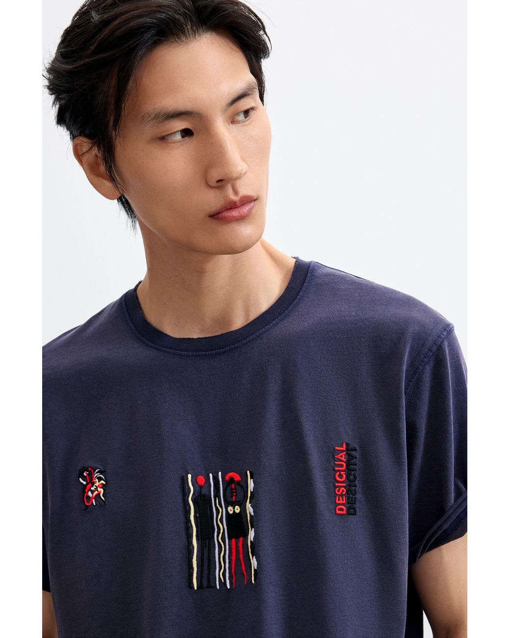 Desigual Blue Embroidered Knit T-Shirt, Cotton for men