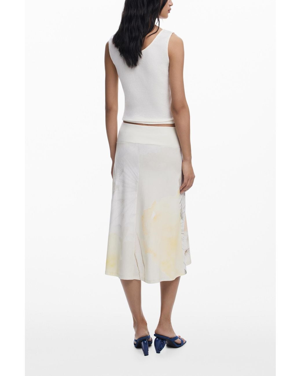 Desigual White Midi Skirt With Elastic Waistband, Cotton