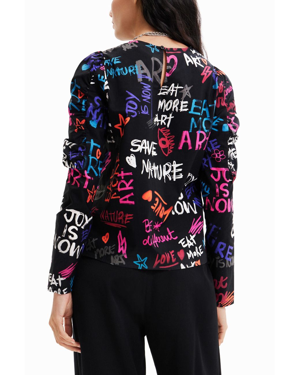 Desigual Blue Balloon-Sleeve Blouse With Text, Cotton