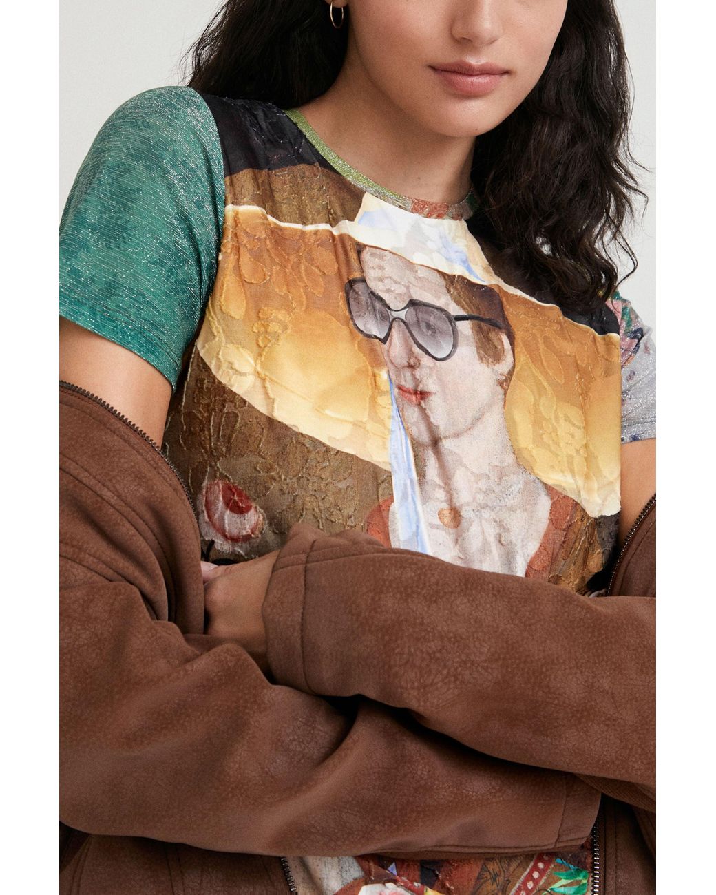 Desigual Green Portrait Artwork T-Shirt, Polyester