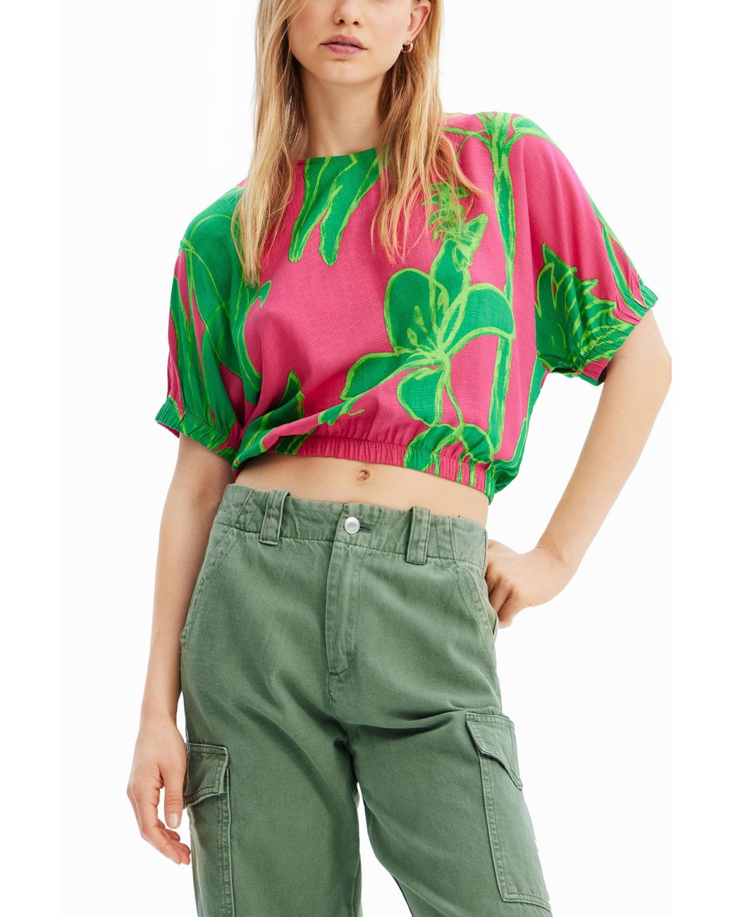 Desigual Red Short Tropical Puff-Sleeve Blouse, Viscose
