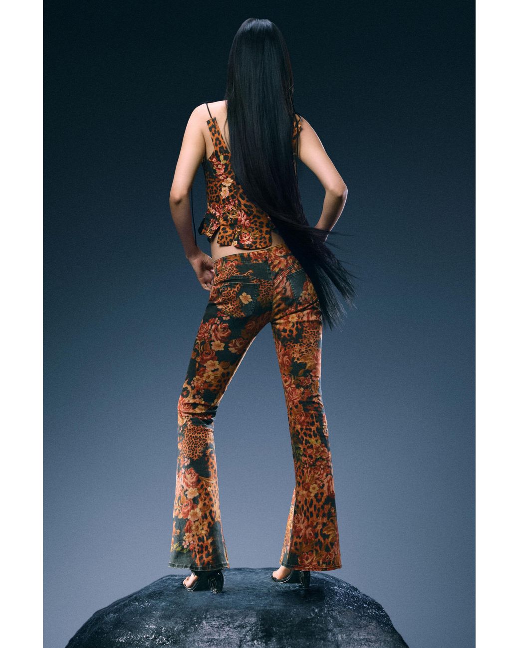Desigual Blue Printed Flare Jeans, Cotton