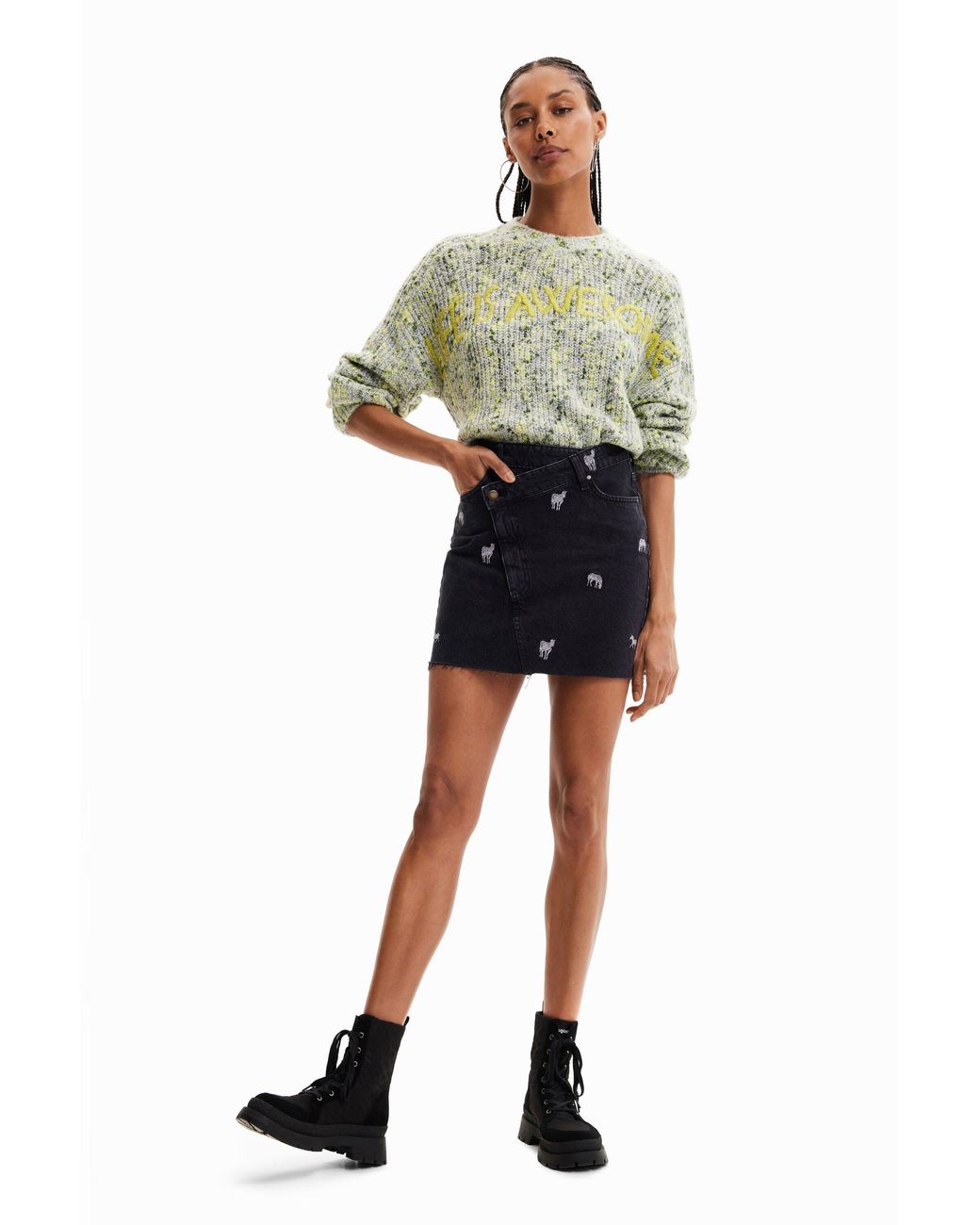 Desigual Black Zebra Denim Mini Skirt, Cotton