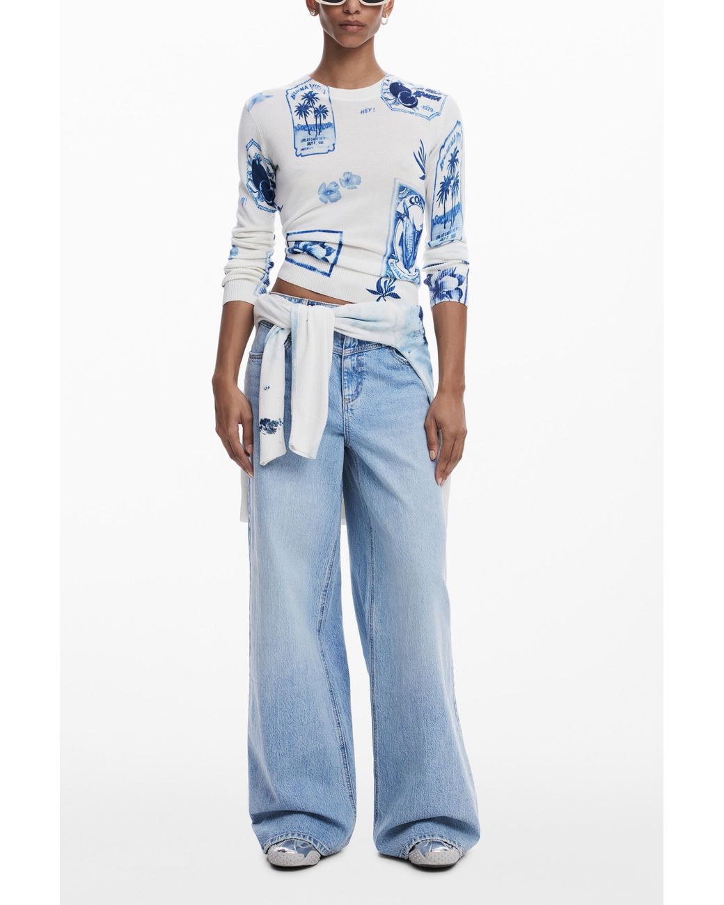Desigual Blue Tropical Stamps Sweater