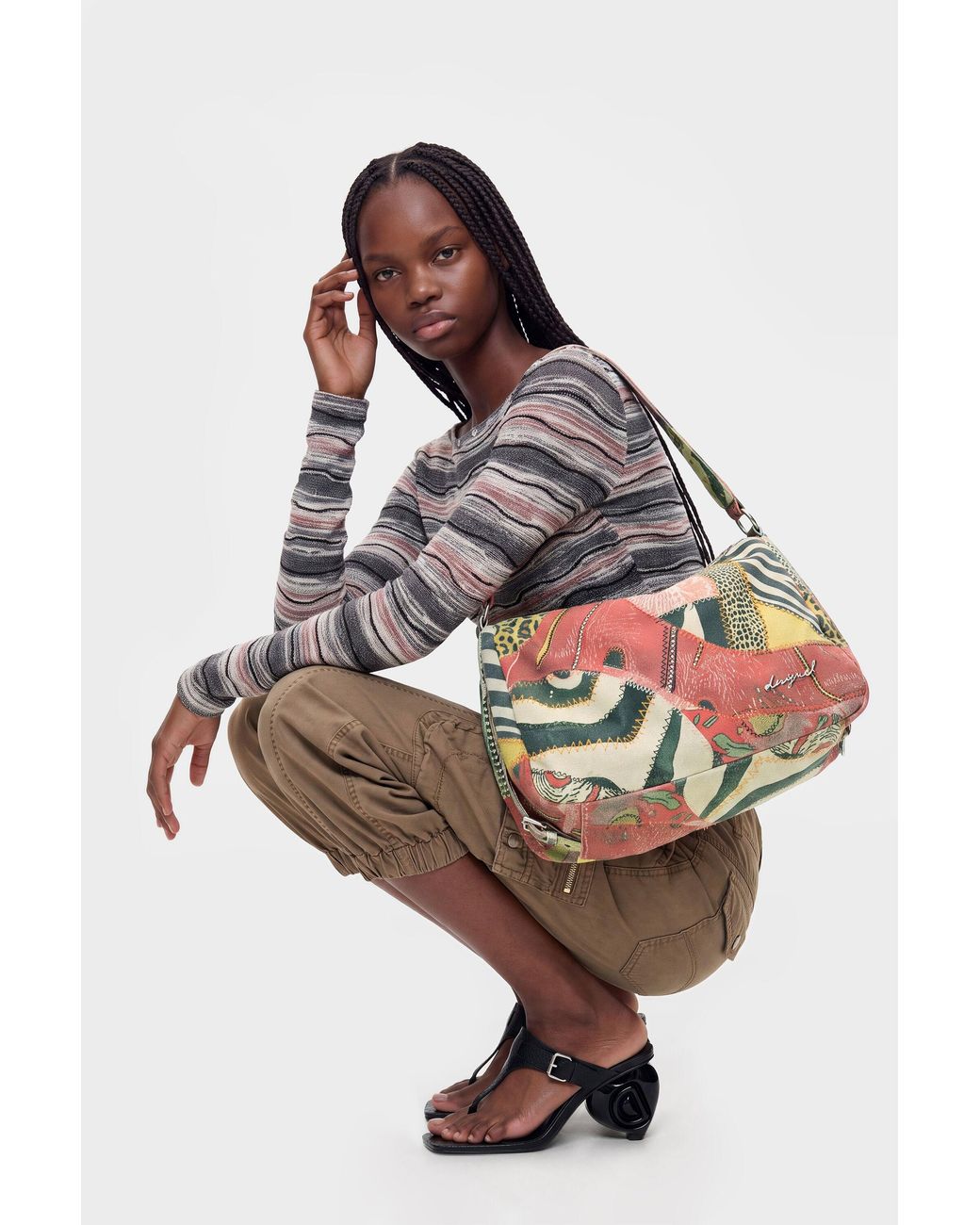 Desigual White Medium Printed Bag, Cotton