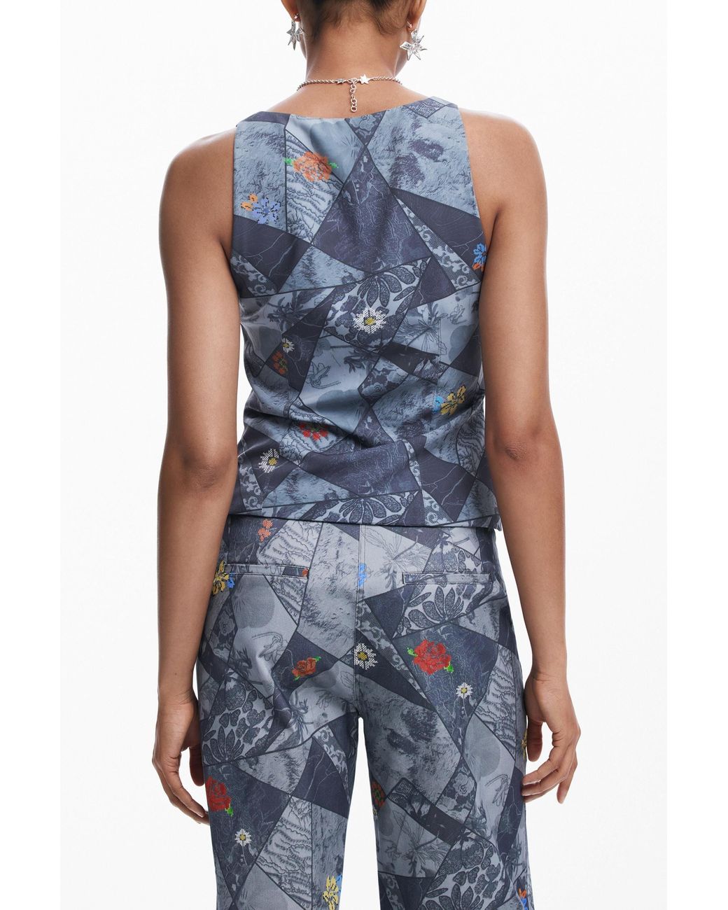 Desigual Blue Embroidered Floral Patch Tank