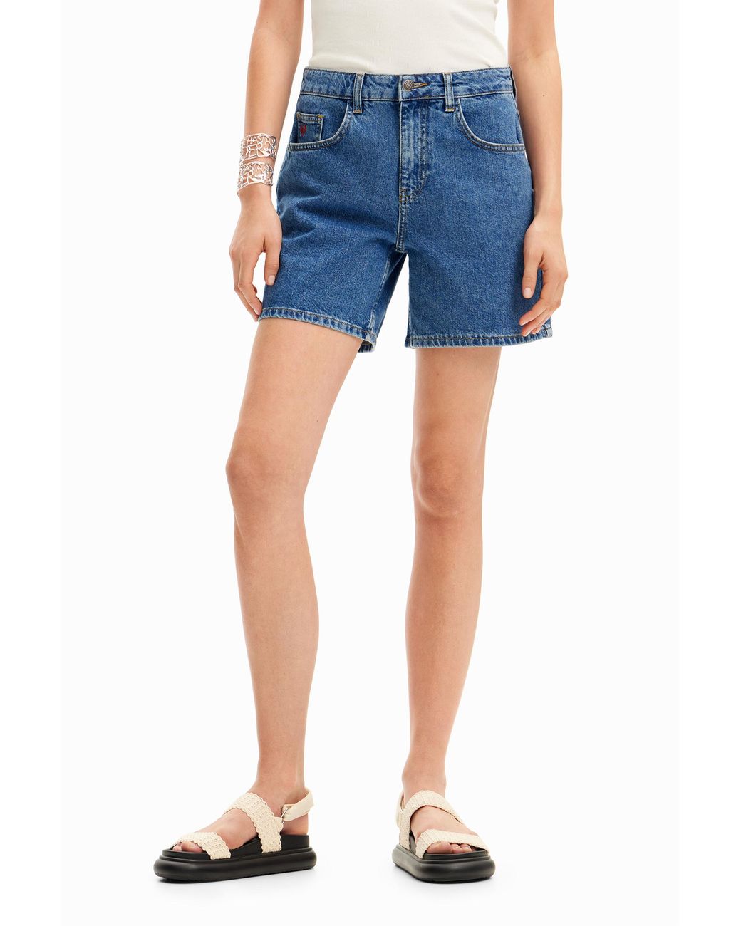 Desigual Blue Plain Denim Shorts, Cotton