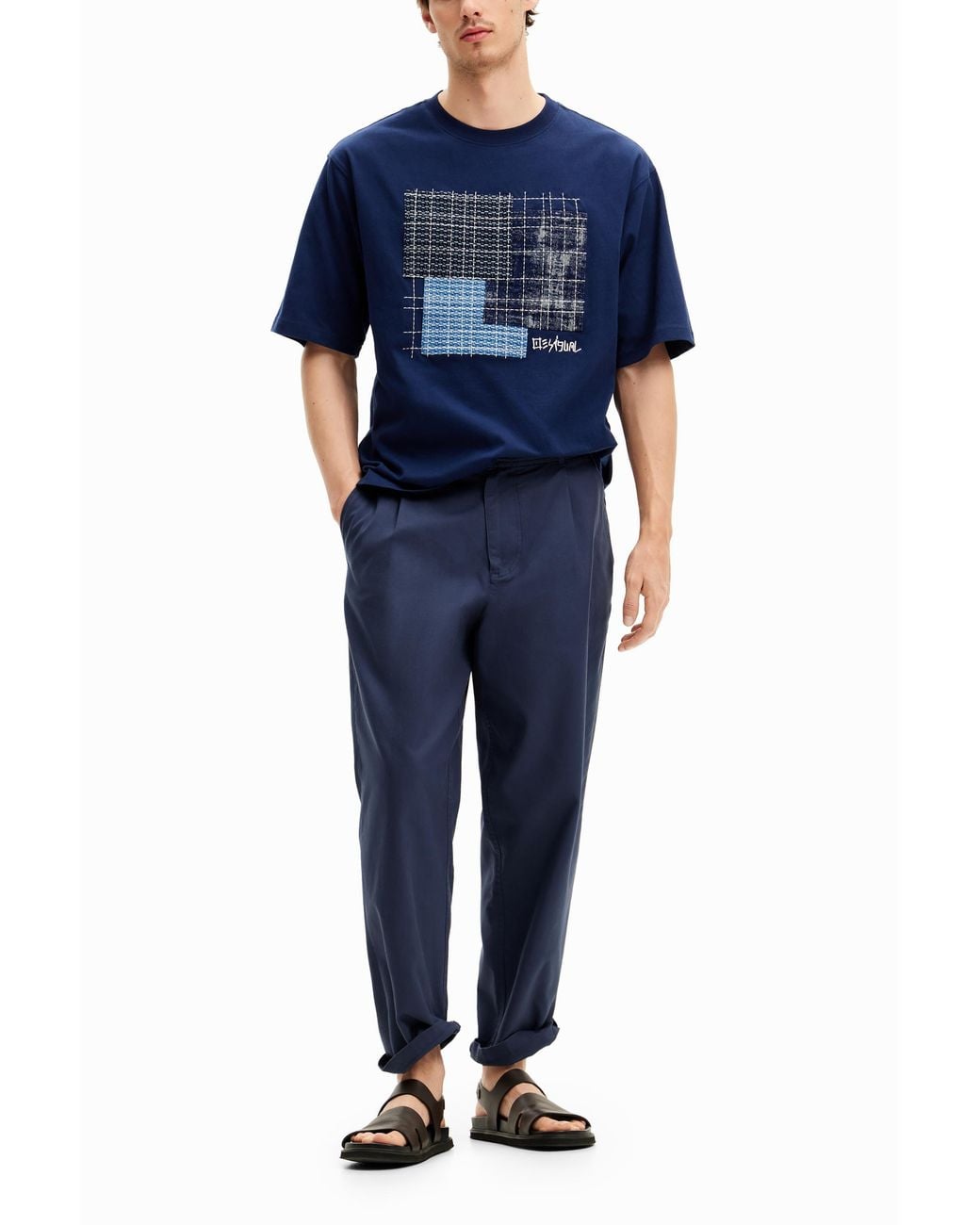 Desigual Blue T-Shirt With Central Patch, Cotton for men
