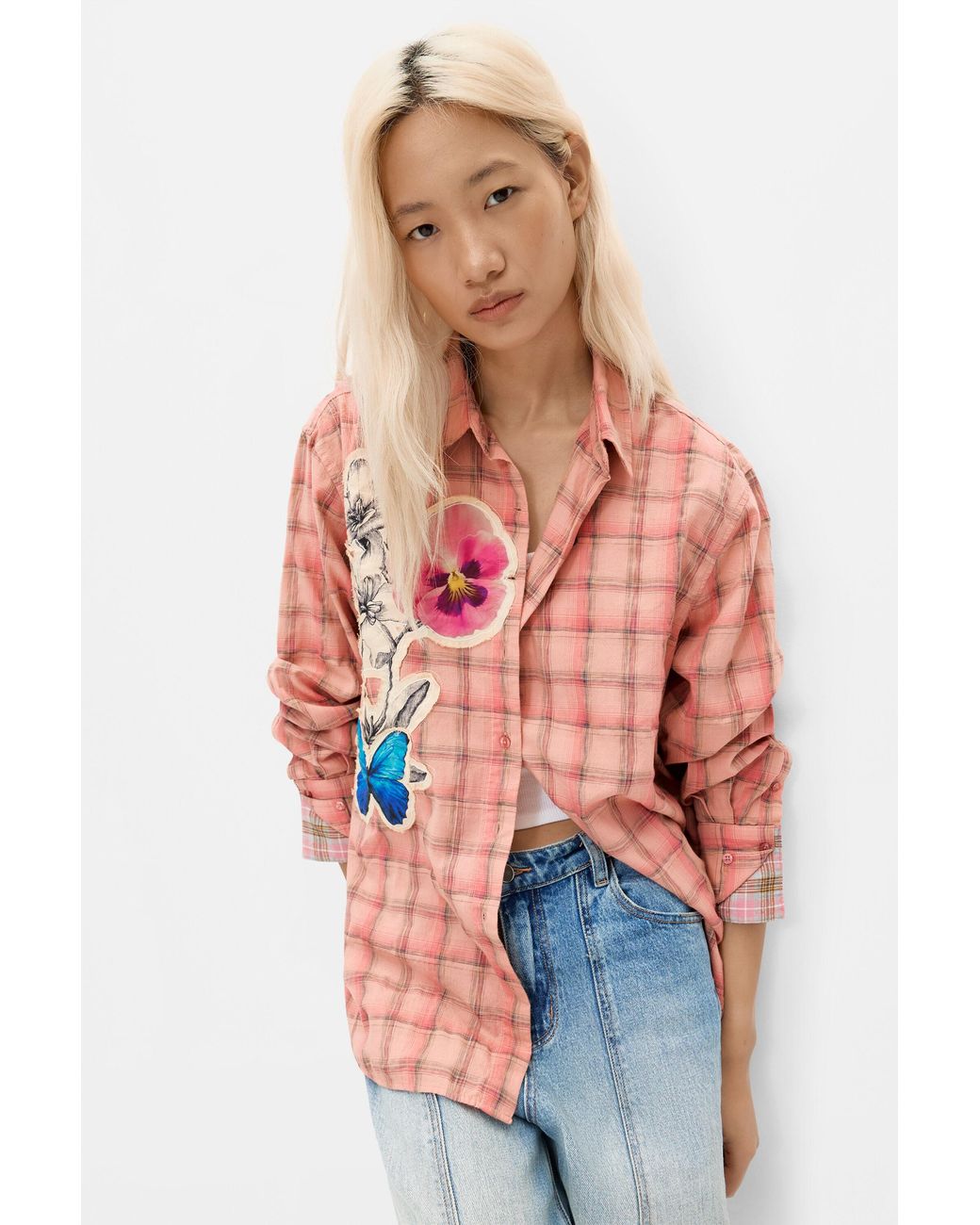 Desigual Red Plaid Flowers Shirt