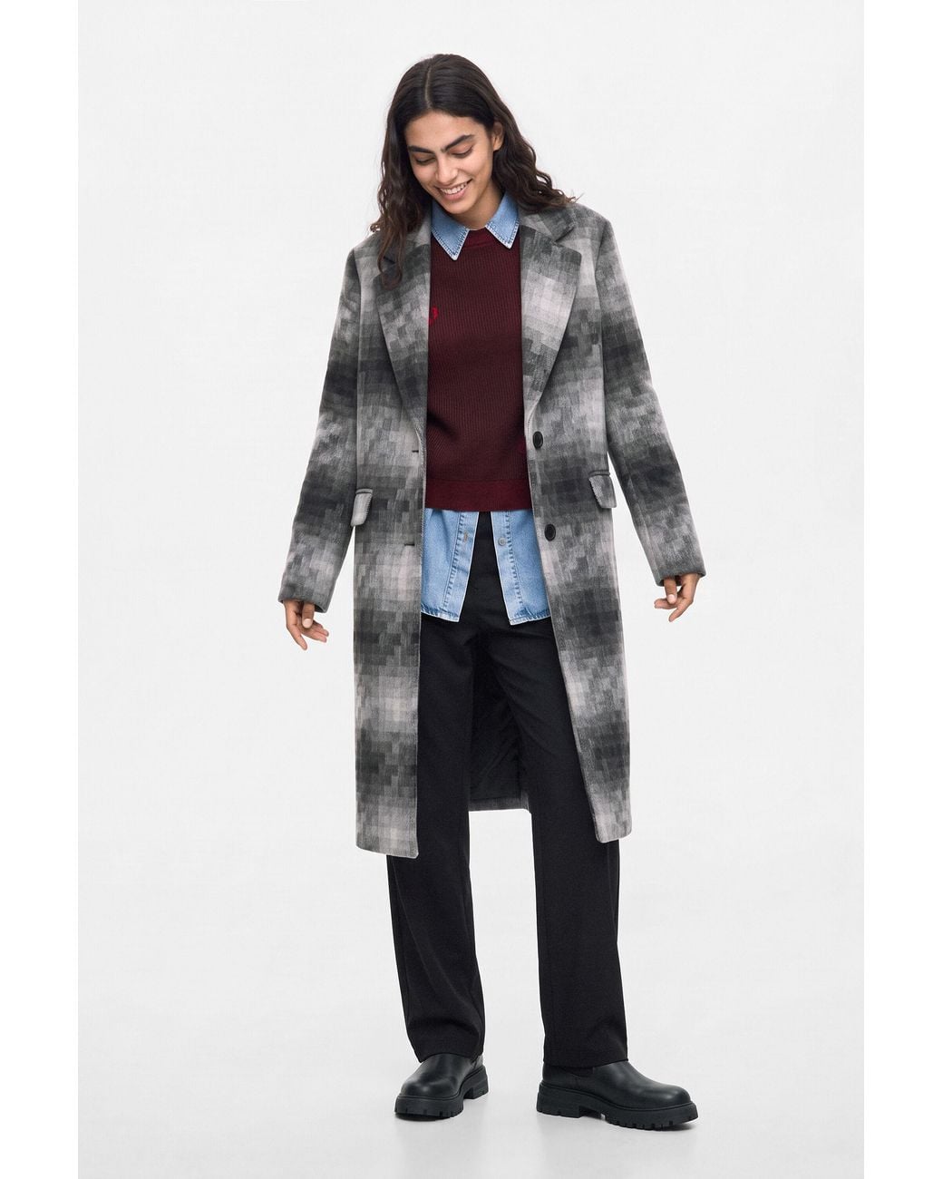 Desigual Blue Long Coat With Wool