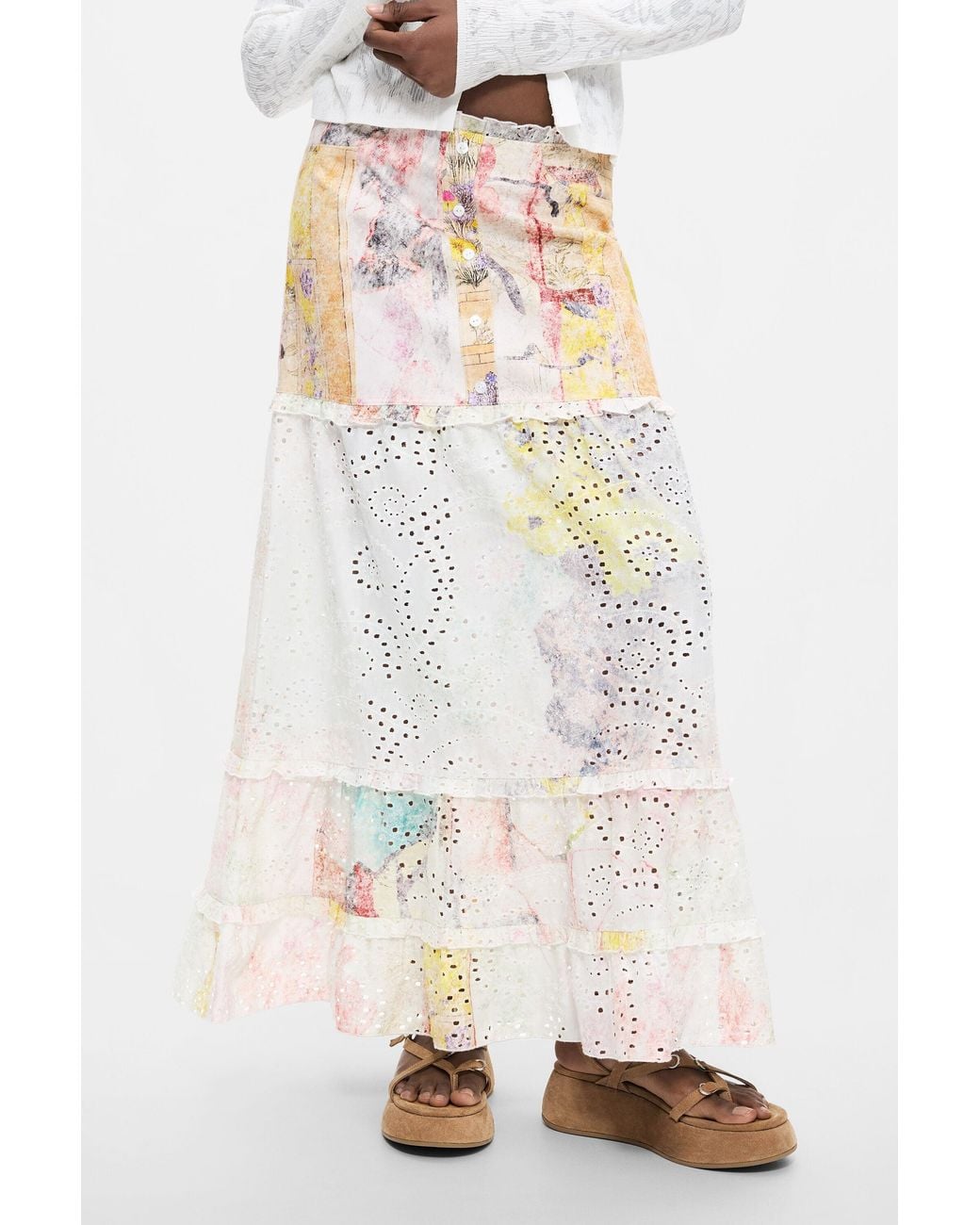 Desigual White Floral Printed Skirt, Cotton