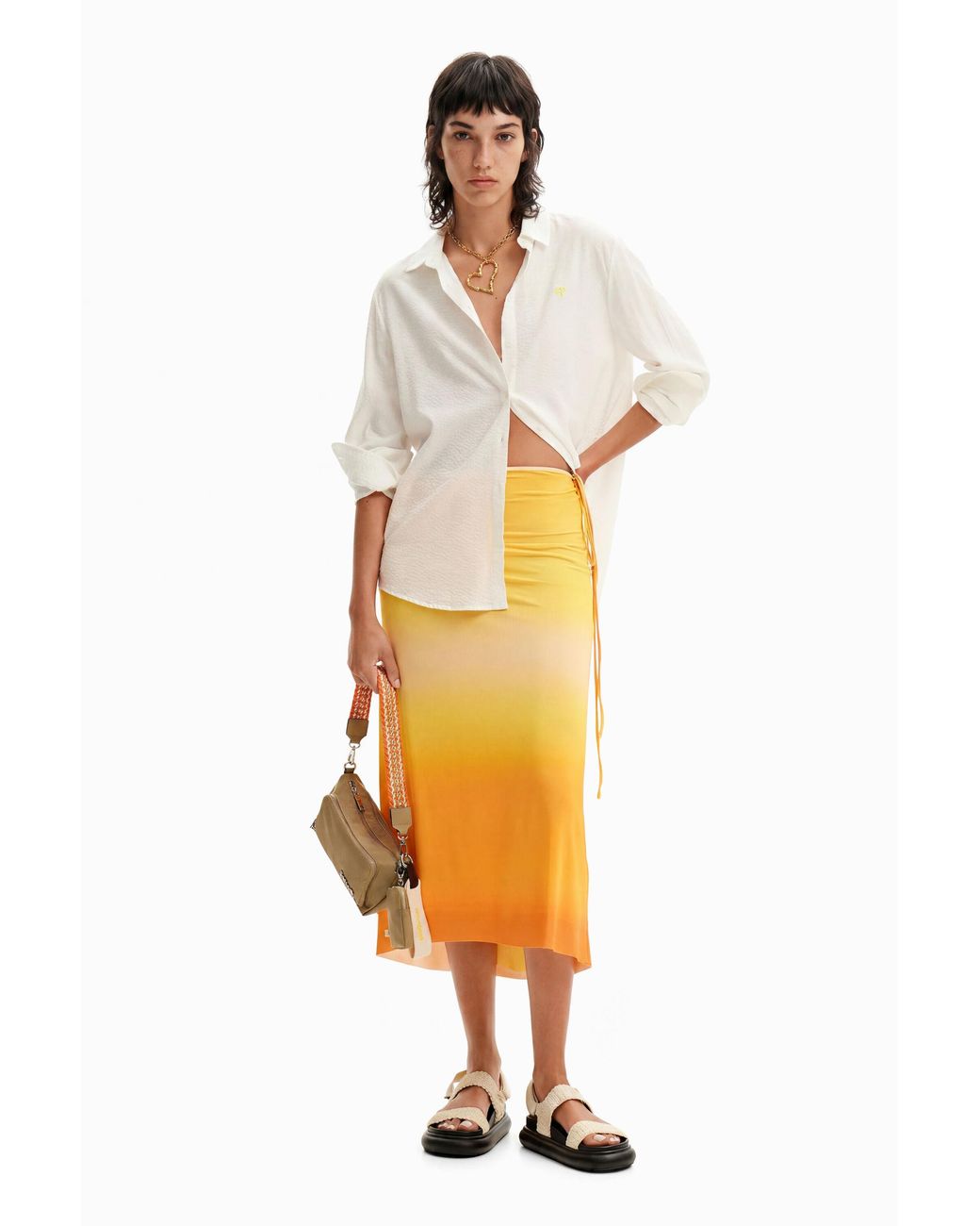 Desigual Yellow Dégradé Slip Midi Skirt, Polyester