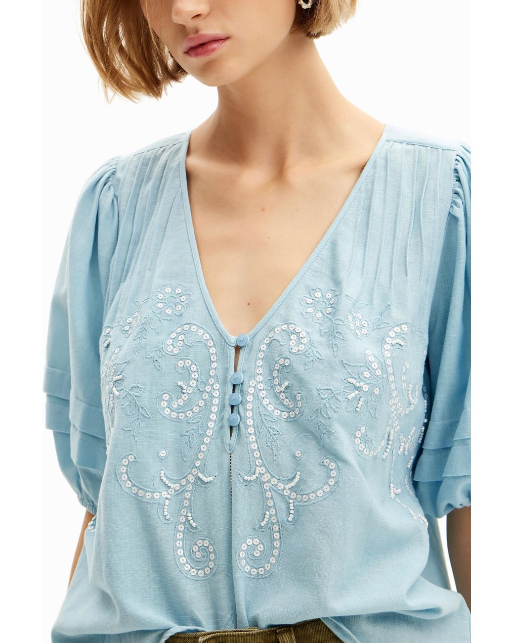 Desigual Blue Embroidered Boho Blouse