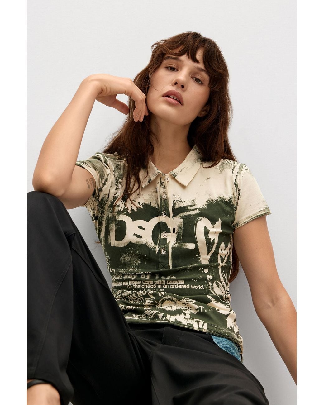 Desigual Brown Printed Polo T-Shirt, Cotton