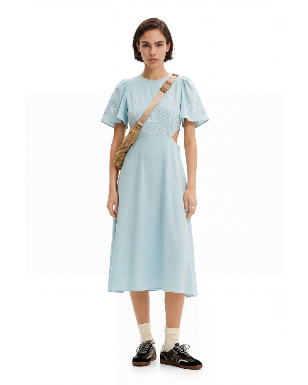 Desigual Blue Embroidered Cut-Out Midi Dress