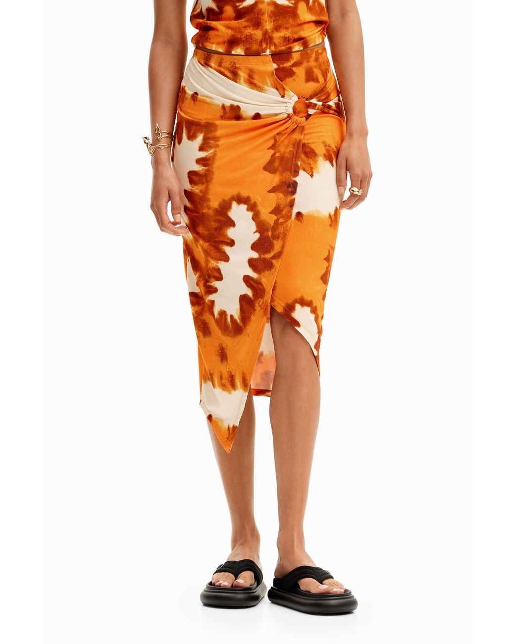 Desigual Orange Tie-Dye Wrap Midi Skirt, Viscose