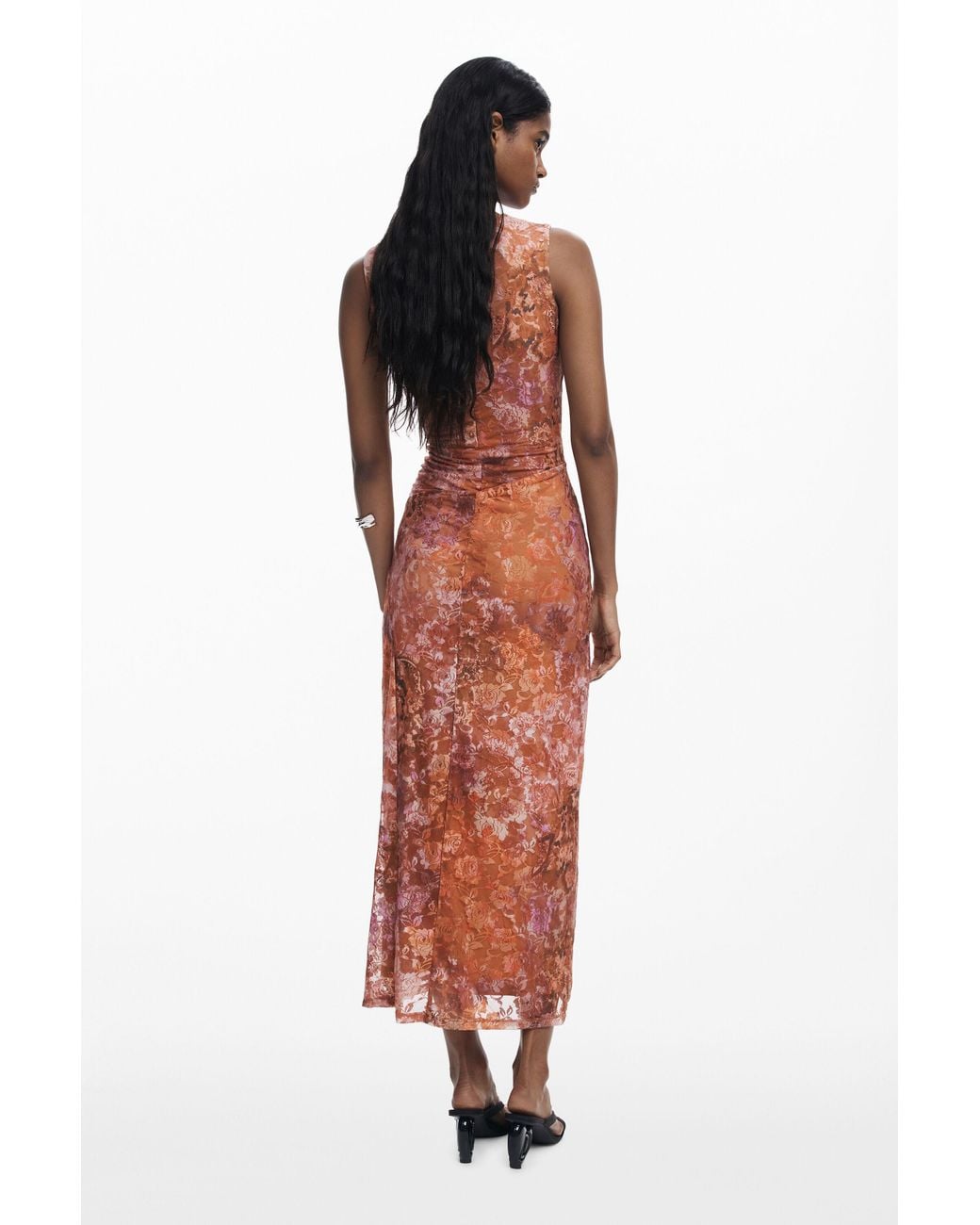 Desigual Red Floral Draped Dress, Polyamide