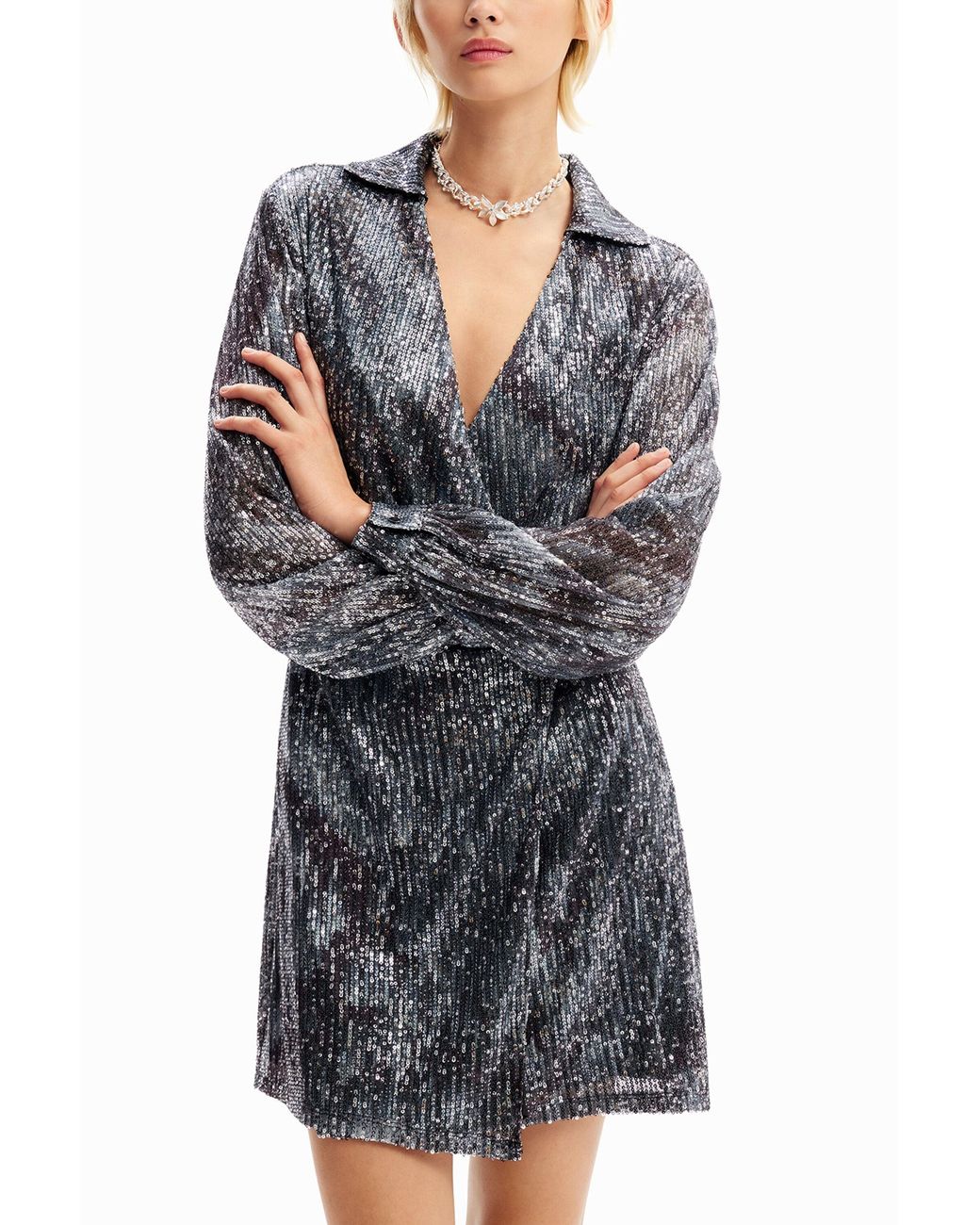 Desigual Blue Short Sequinned Wrap Dress, Polyester