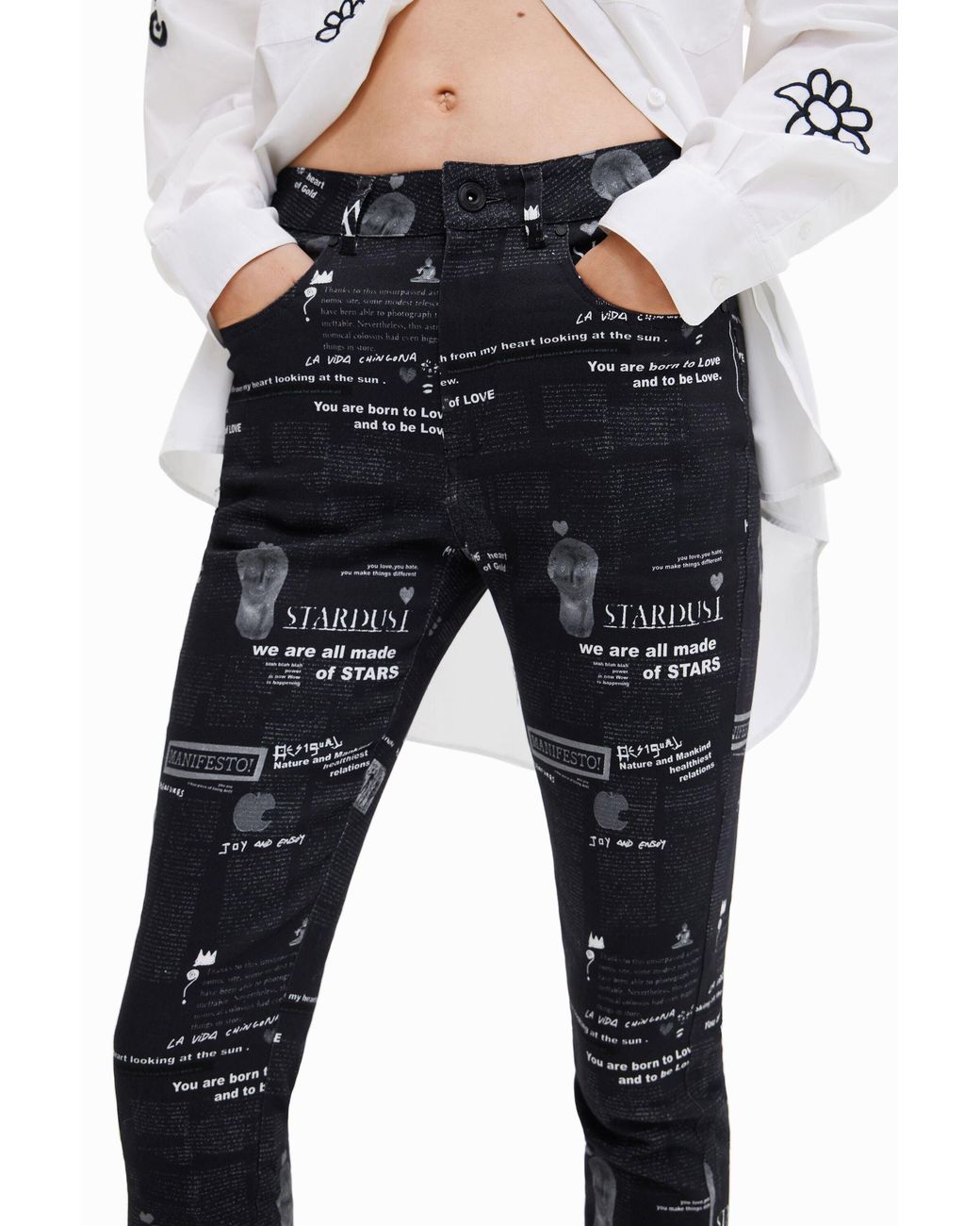 Desigual Black Newspaper Print Slim Trousers, Cotton