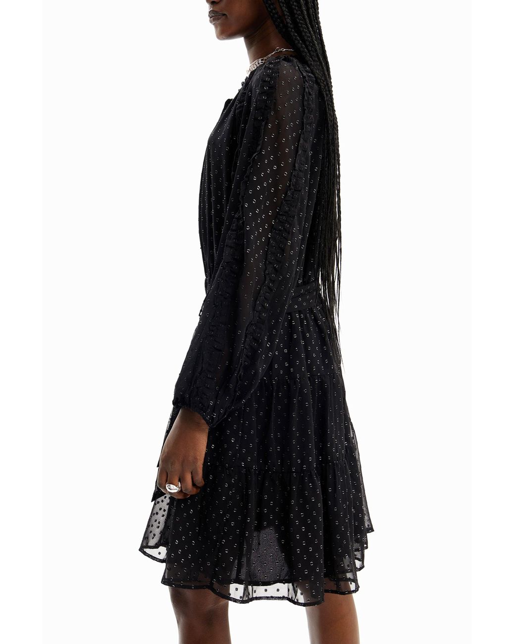 Desigual Black Short Plumeti Chiffon Dress, Polyester
