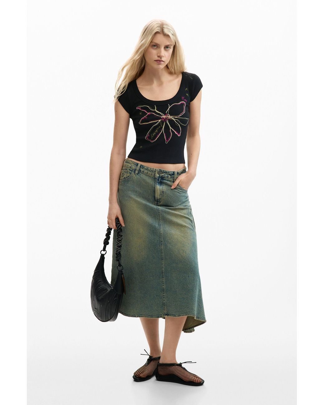 Desigual Black Fitted Flower T-Shirt, Cotton