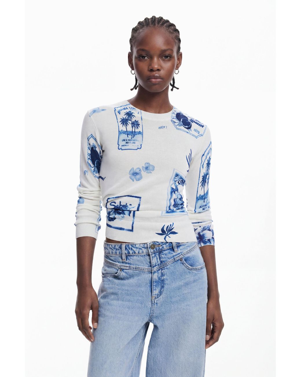 Desigual Blue Tropical Stamps Sweater