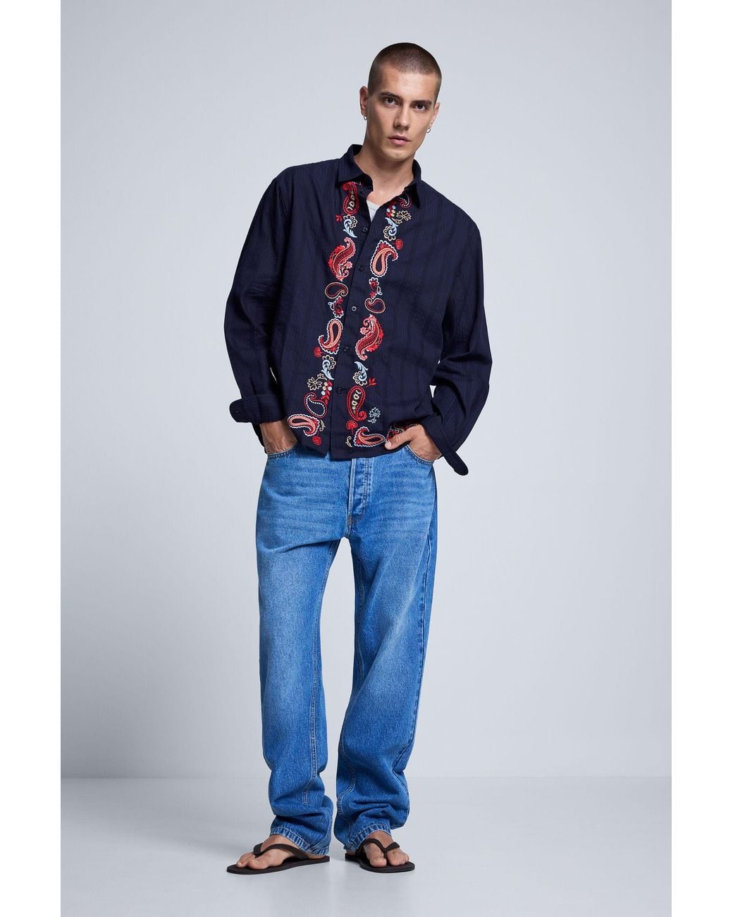 Desigual Blue Long-Sleeved Embroidered Shirt, Cotton for men