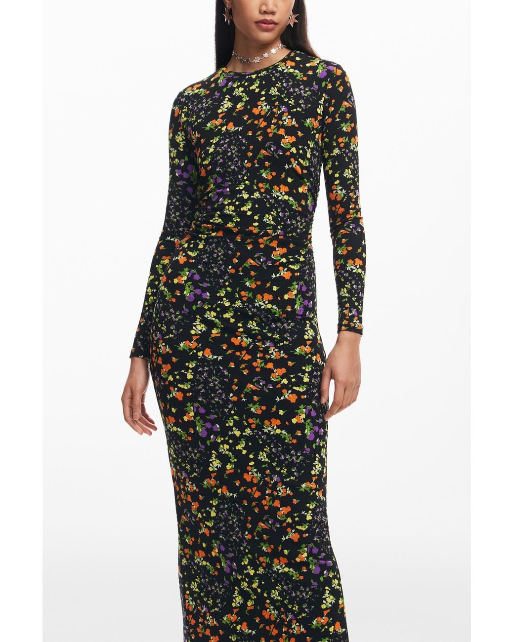 Desigual Black Slim Floral Dress, Viscose