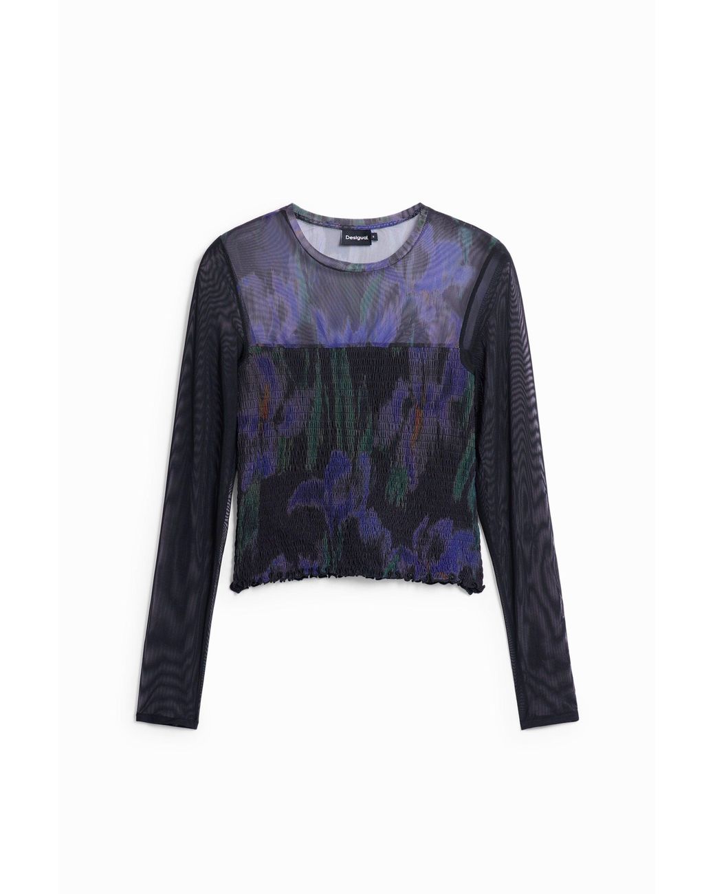 Desigual Blue Long-Sleeve Tulle Shirt With Ruching, Polyester