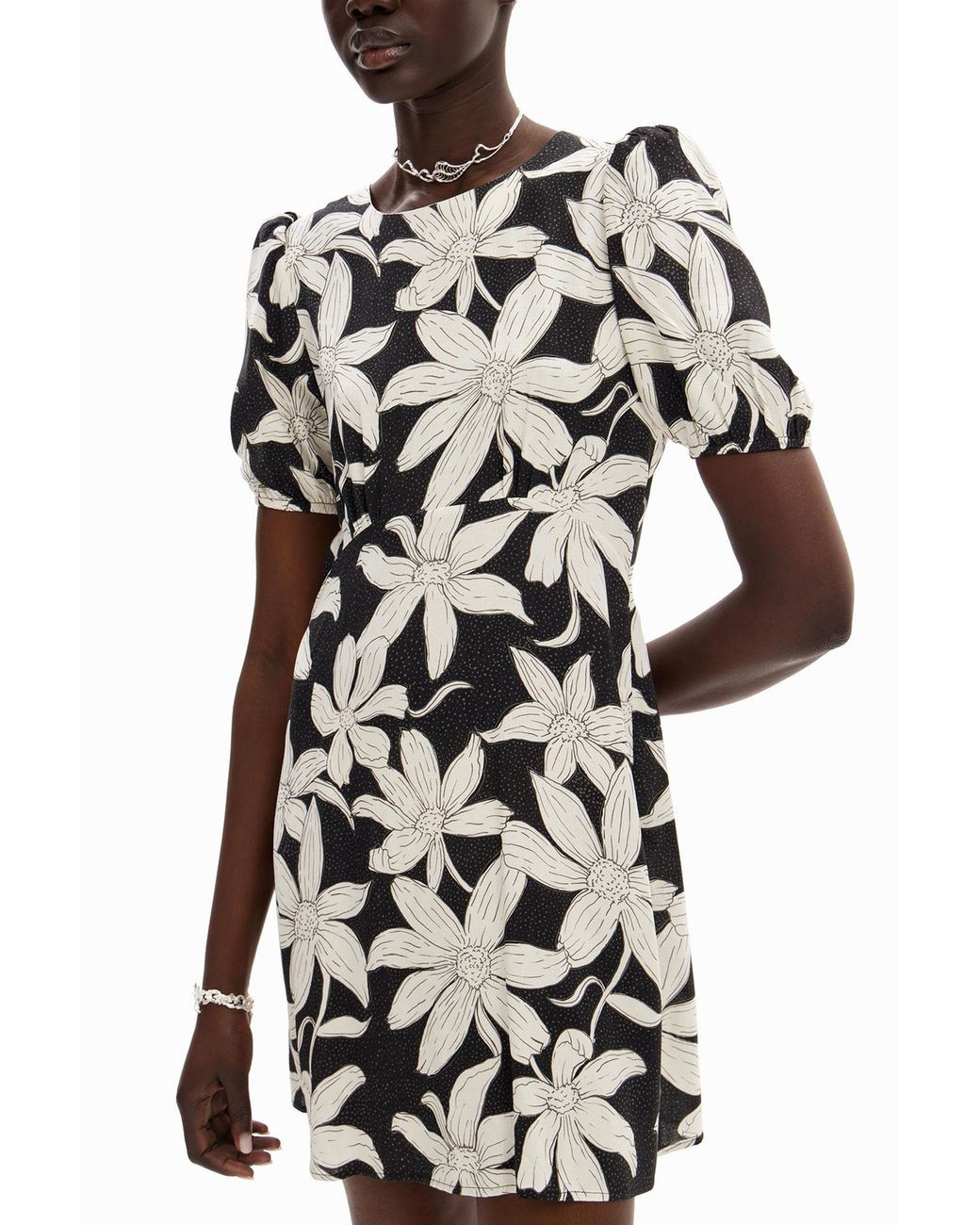 Desigual Black Short Floral Dress, Viscose