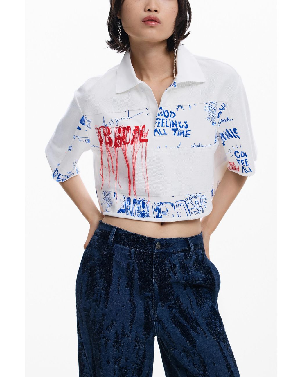Desigual White Crop Polo Shirt, Cotton