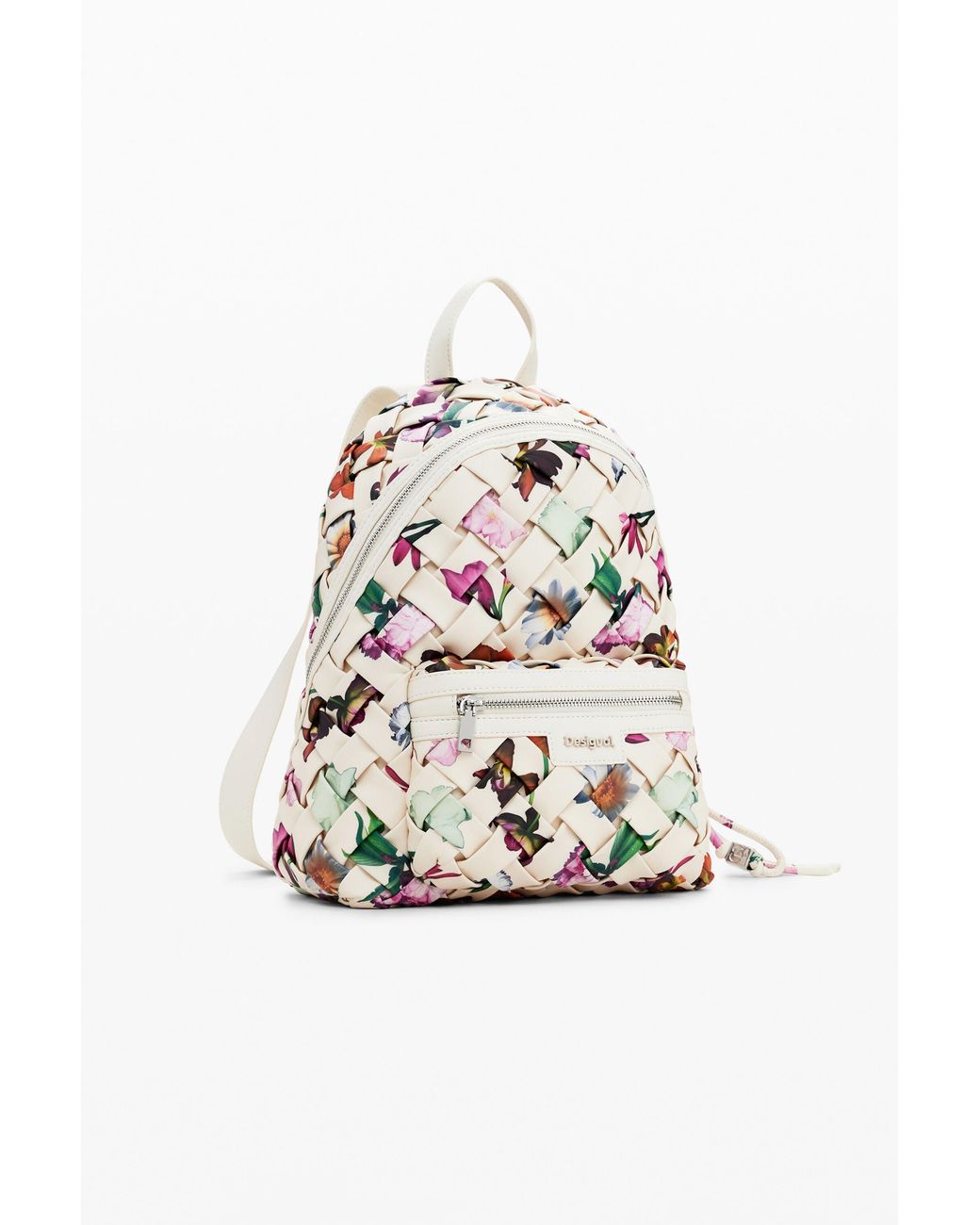 Desigual White Small Floral Backpack, Polyurethane