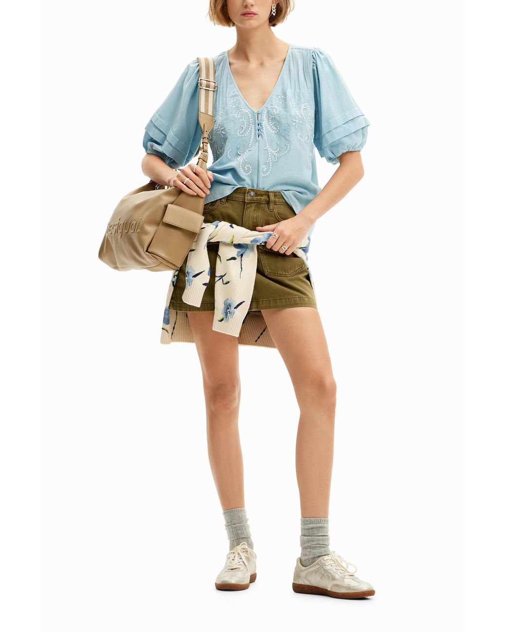 Desigual Blue Embroidered Boho Blouse