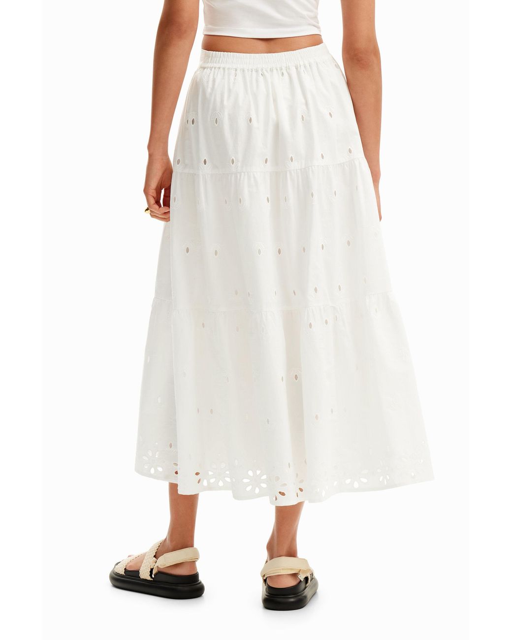 Desigual White Swiss Embroidery Midi Skirt, Cotton