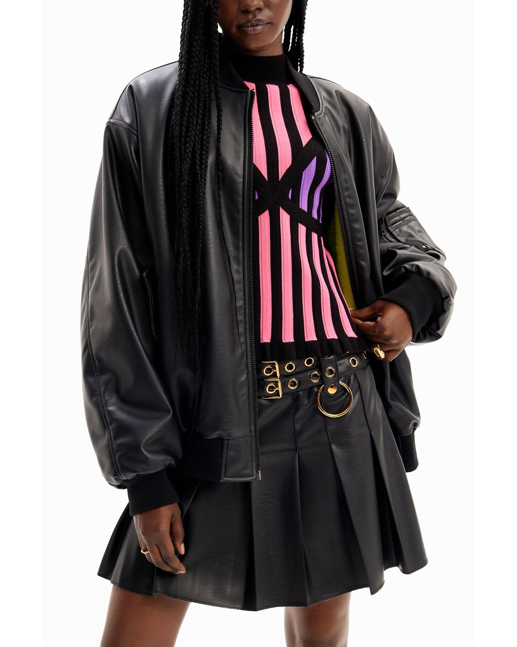 Desigual Black María Escoté Reversible Bomber Jacket, Polyurethane