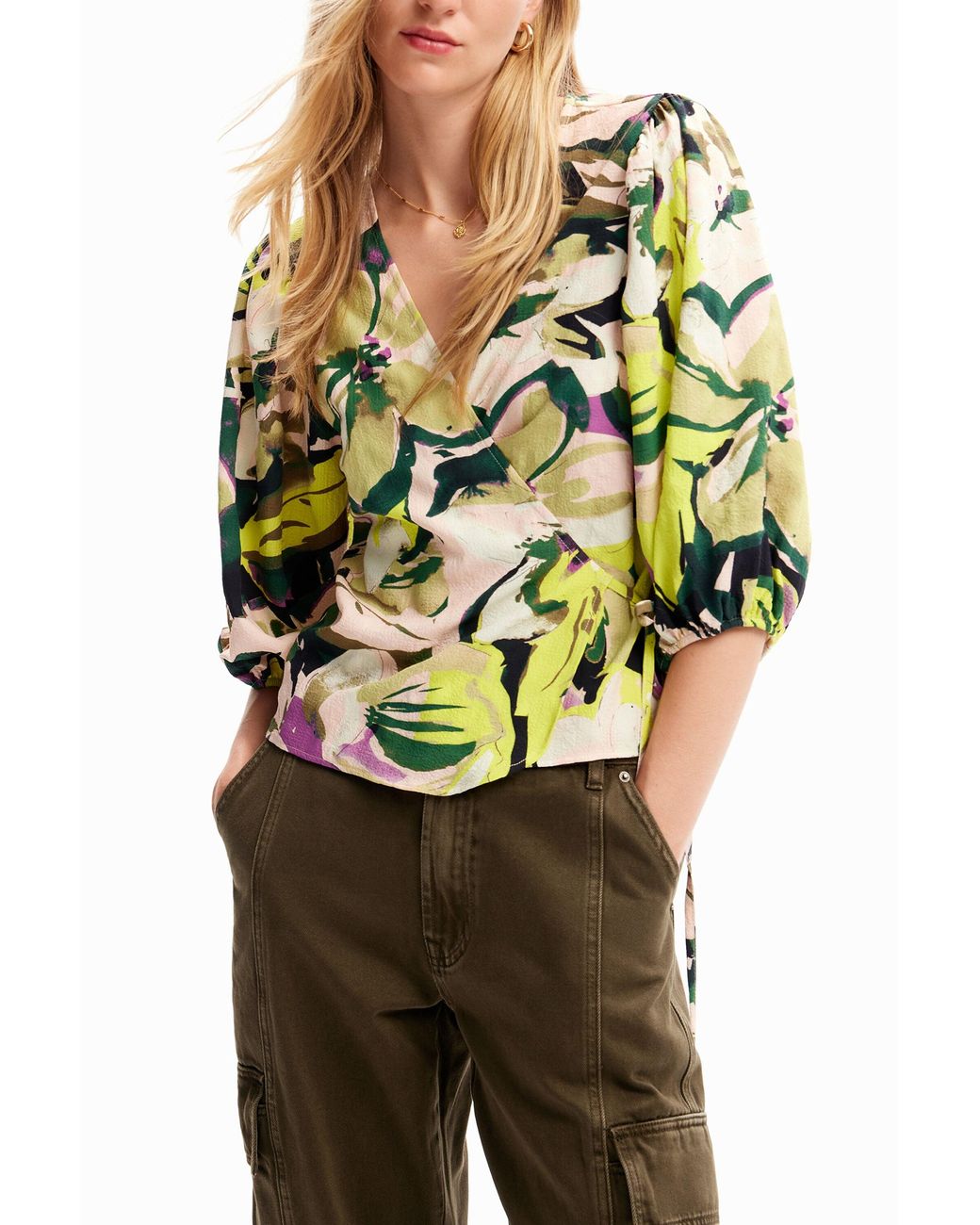 Desigual Metallic Floral Wrap Blouse, Polyester