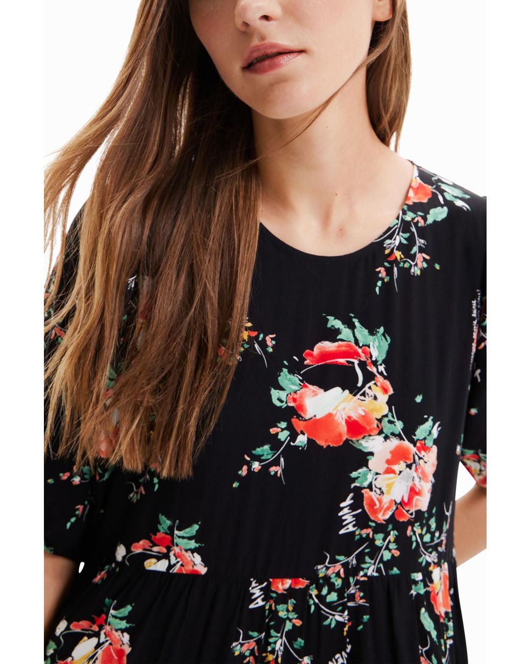 Desigual Black Floral Midi Dress, Viscose