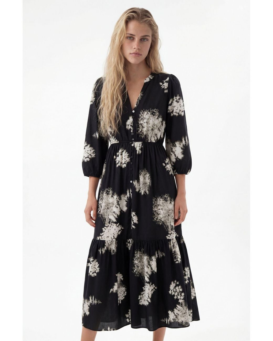 Desigual Black Floral Midi Shirt Dress, Cotton