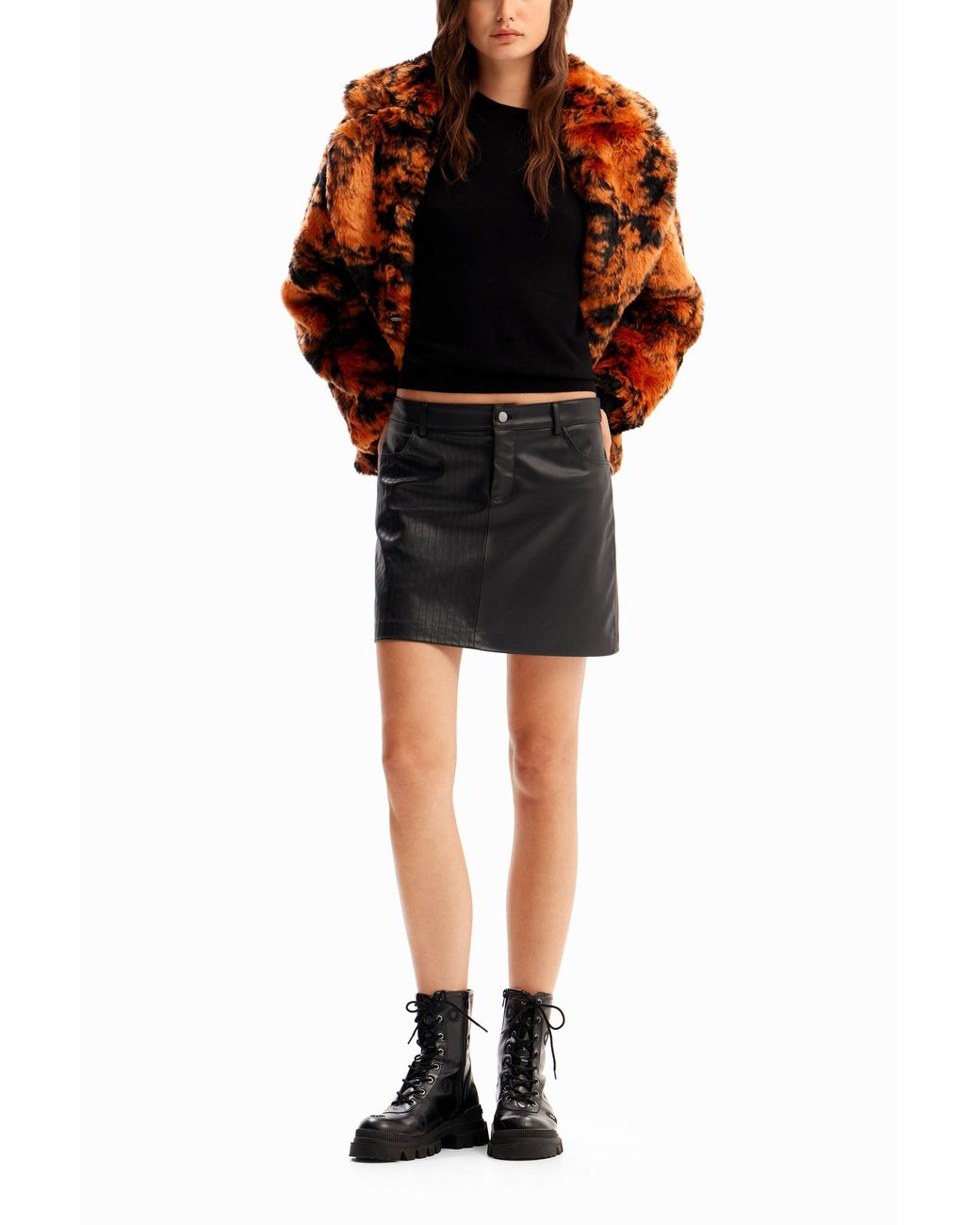 Desigual Black Leather-Effect Stitching Mini Skirt, Polyurethane