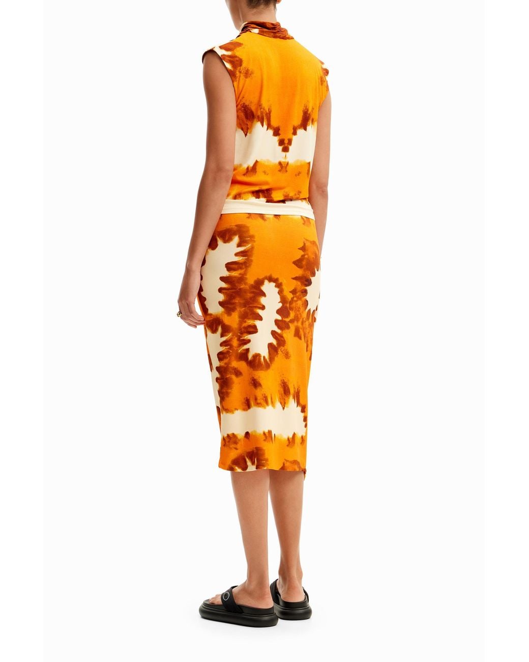 Desigual Orange Tie-Dye Wrap Midi Skirt, Viscose