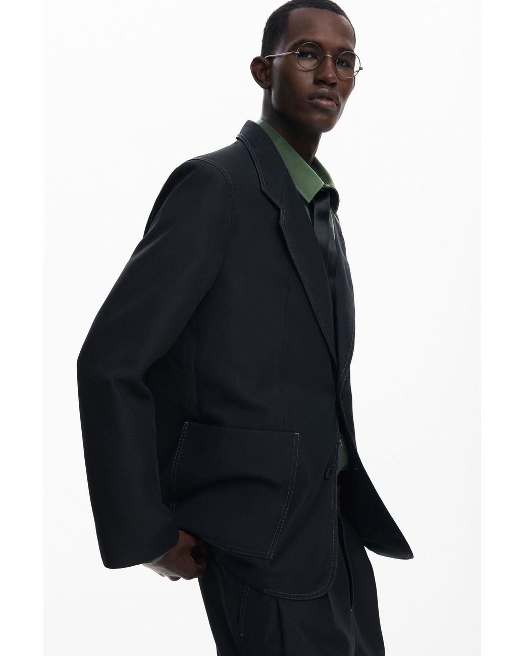 Desigual Black Blazer With Contrast Stitching, Polyester for men