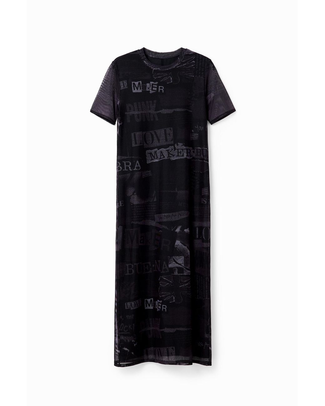 Desigual Black Tulle Newspaper Midi Dress, Polyester