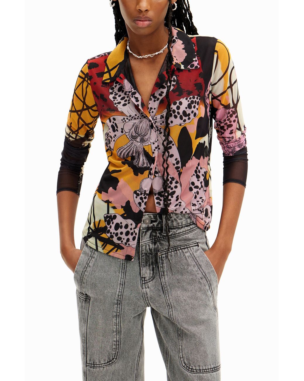 Desigual Red Long-Sleeved Shirt With And Flowers. Polyester