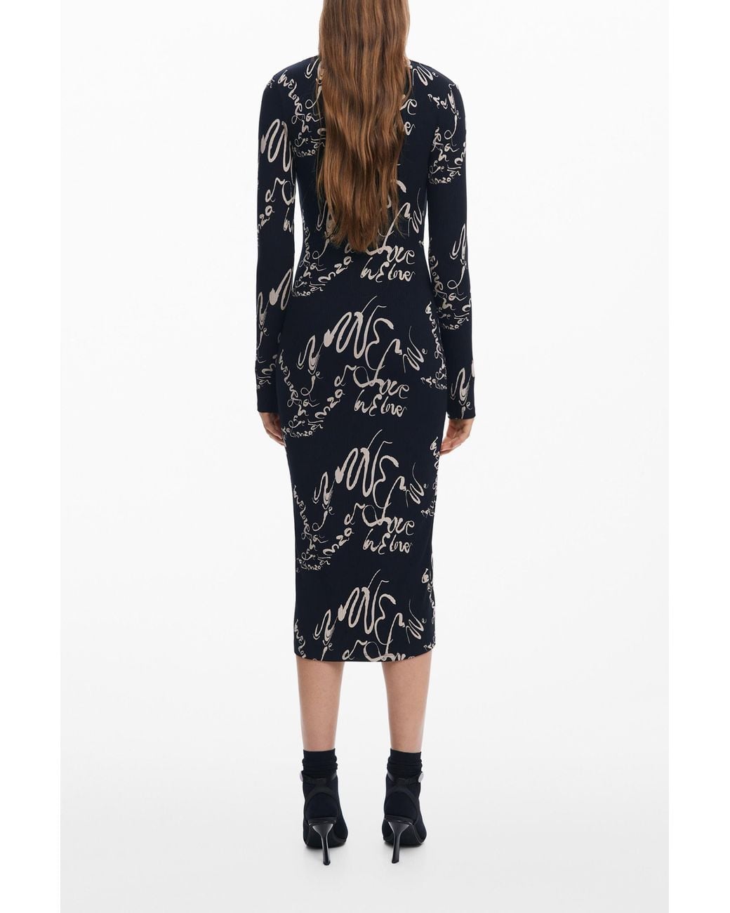 Desigual Black Square Neckline Dress Lettering, Viscose