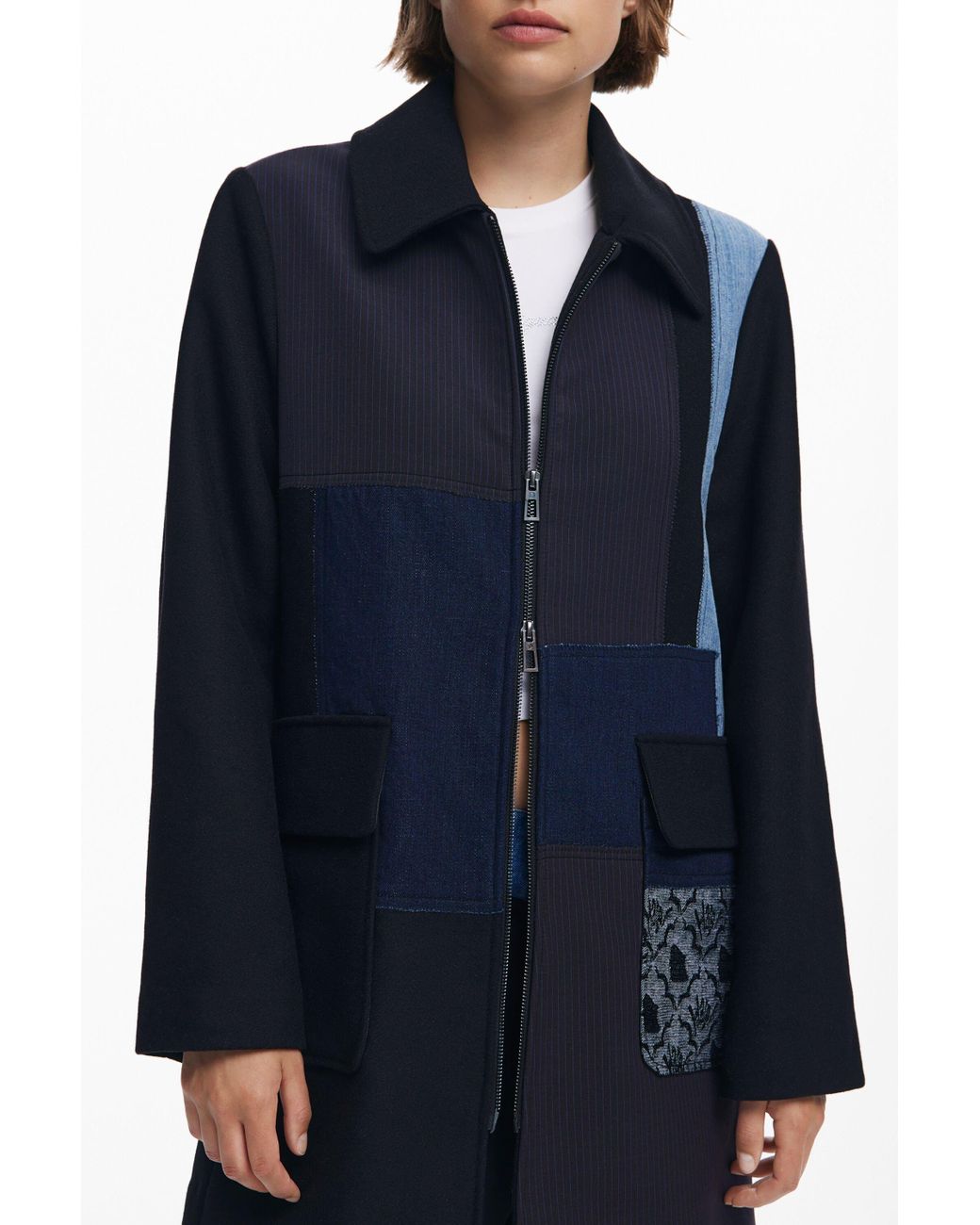Desigual Blue Straight Patchwork Coat
